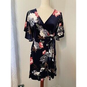 Hummingbird Women’s Floral Wrap Dress Size M Navy Blue Velvet Short Sleeve Boho